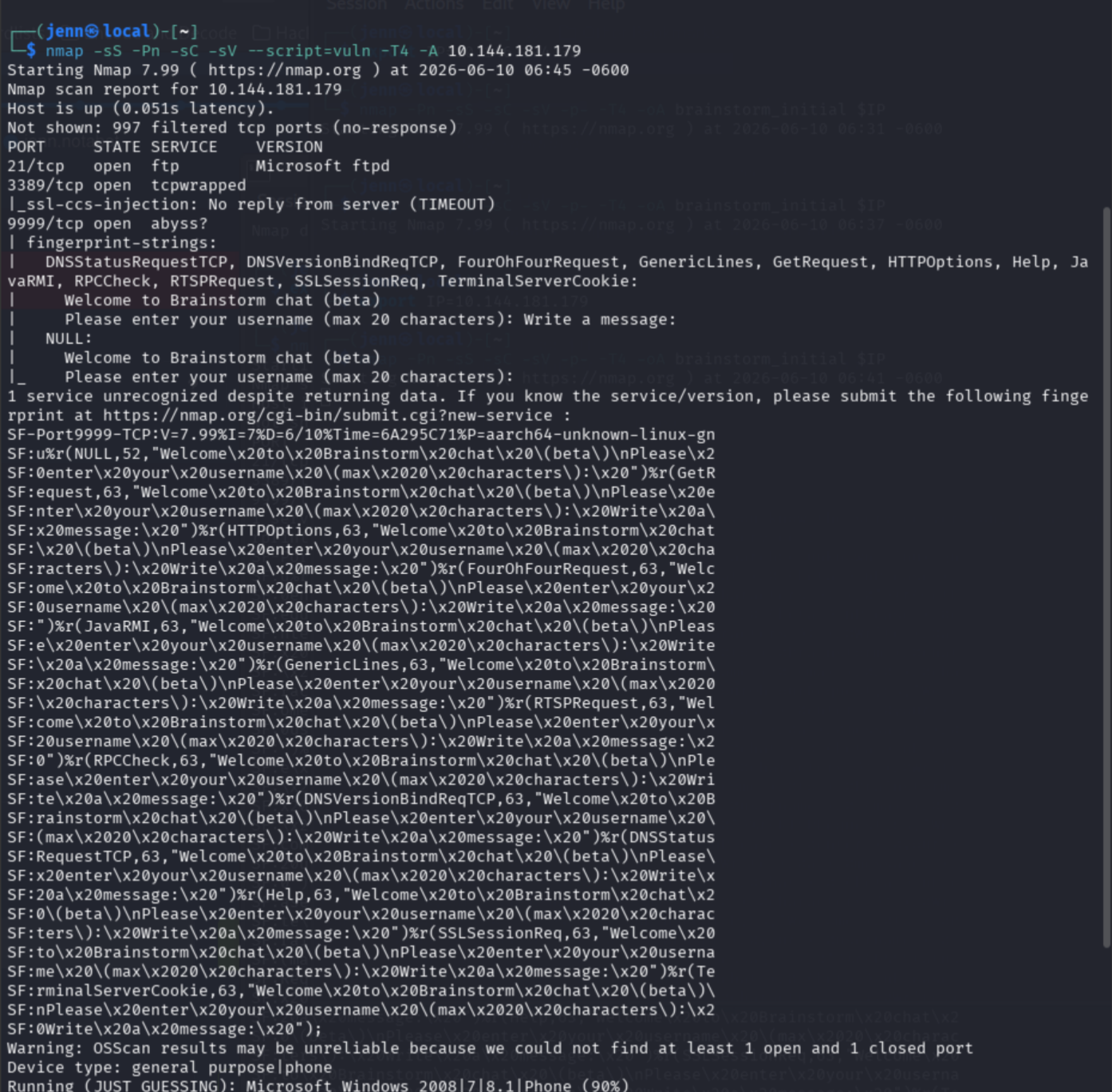 Nmap full scan results with vuln scripts against the target